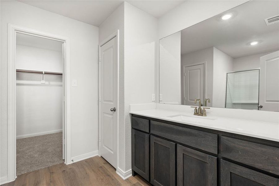 Full bathroom with vanity, a stall shower, dark wood-style floors, a walk in closet, and recessed lighting Full bathroom with vanity, a stall shower, dark wood-style floors, a walk in closet, and recessed lighting
