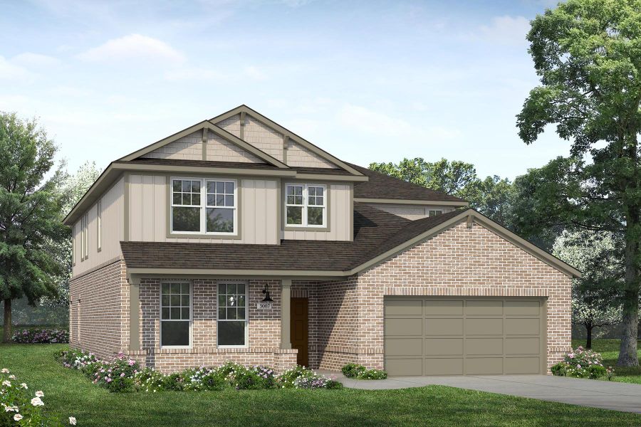 Craftsman house with a garage, driveway, brick siding, and a front lawn