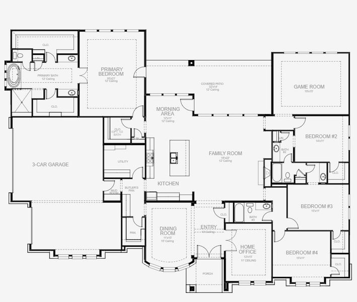 2D floor plan layout for the 3494S by Perry Homes in Enchanted Creek 1 Acre, Allen, TX (Image 3).