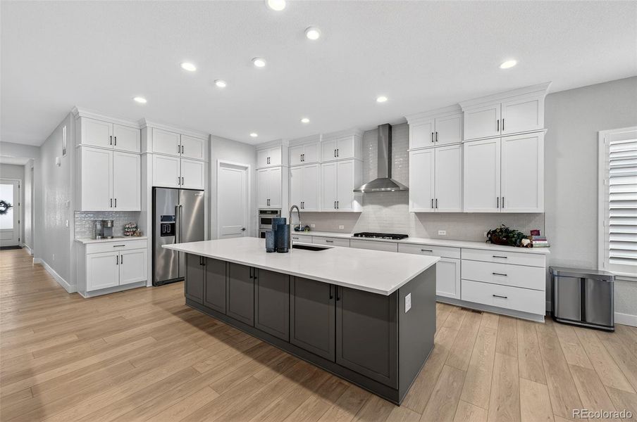 Kitchen (Island & Storage Detail) – Expansive quartz-topped island with sink and pull-down faucet anchors the kitchen, complemented by stainless appliances, full-height cabinetry, and generous prep space.