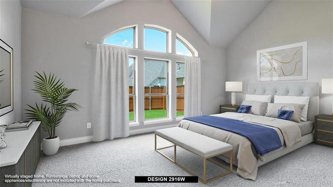 Bedroom with carpet flooring and high vaulted ceiling