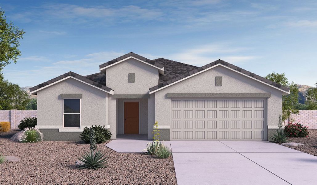 Front exterior of a new home in Hanson Ridge, Vail, AZ, highlighting curb appeal (Image 1).
