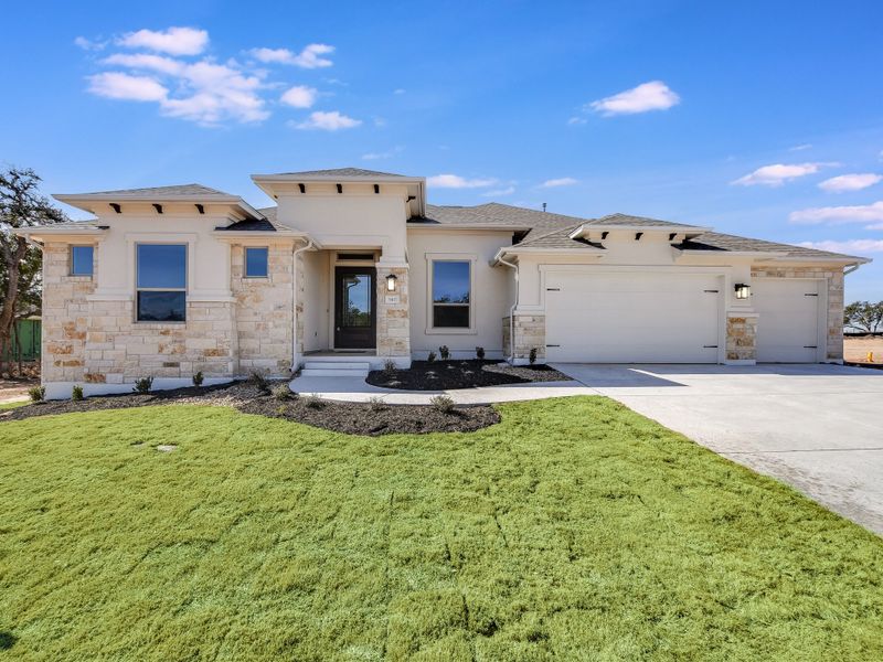 Representative exterior photo of a completed home built from the Emerald II by Giddens Homes in Riverstone, Georgetown, TX (Image 22).