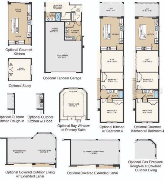 Structural options added include: Gourmet kitchen, bay window at primary suite, secondary bedroom, tray ceilings at primary suite and gathering room, 8' interior doors, extended covered lanai, and outdoor kitchen rough-in