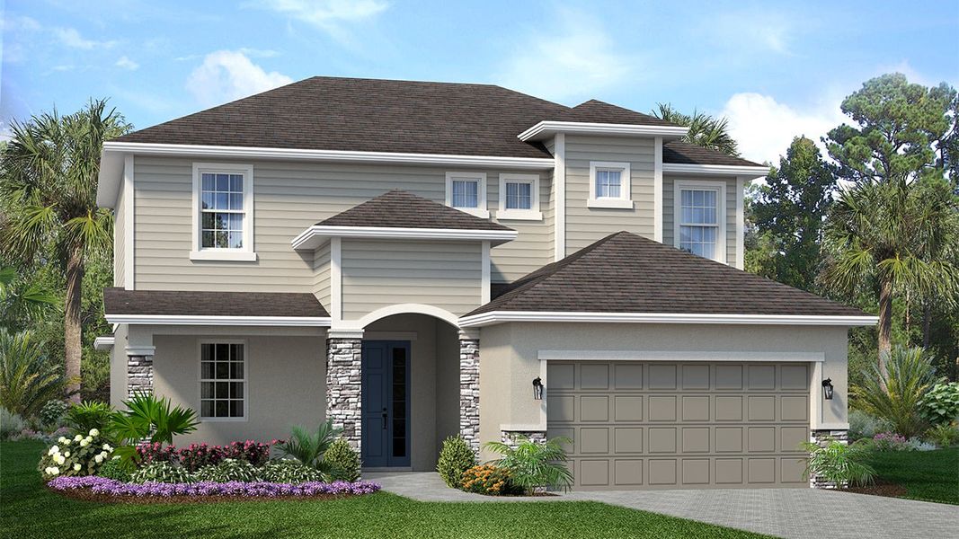 Representative exterior photo of a completed home built from the Pembroke by Park Square Residential in Highfield at Twisted Oaks, Wildwood, FL (Image 2). Representative exterior photo of a completed home built from the Pembroke by Park Square Residential in Highfield at Twisted Oaks, Wildwood, FL (Image 2).