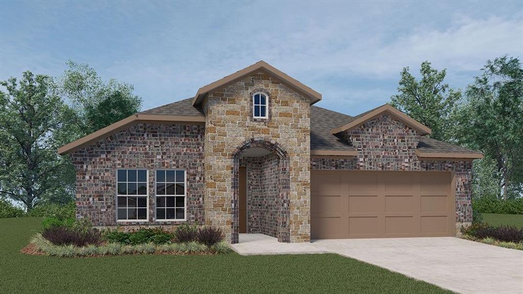 View of front of property with a garage and a front yard