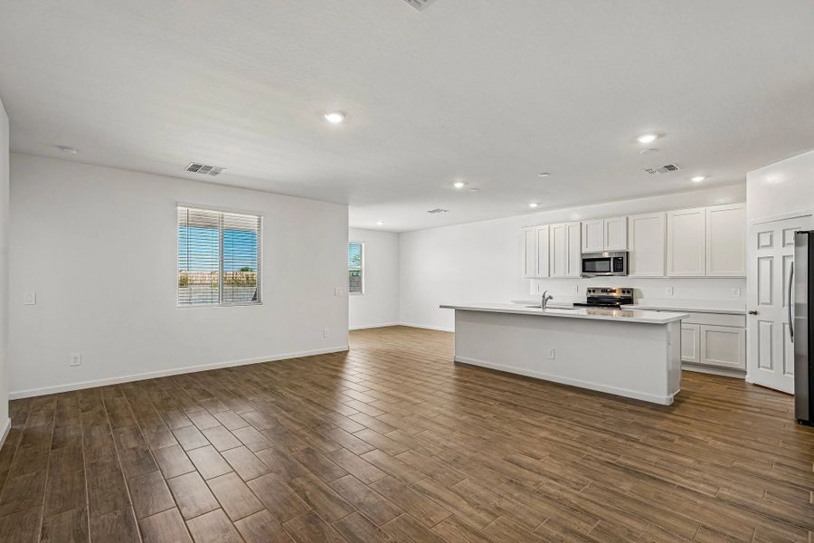 Great room, kitchen and dining Great room, kitchen and dining