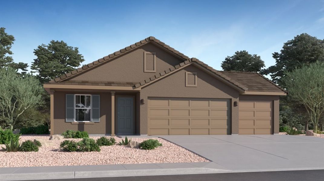 Front exterior of a new home in Mountain View at Rocking K: Mountain View Dream, Vail, AZ, highlighting curb appeal (Image 1).