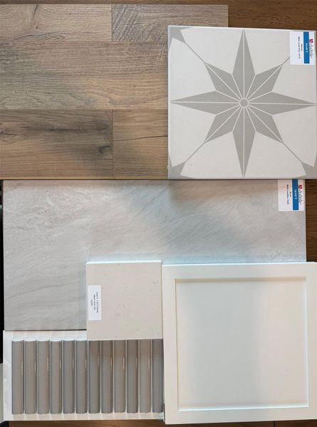 Showcasing a curated selection of potential finishes including flooring, tile patterns, and cabinet styles.
