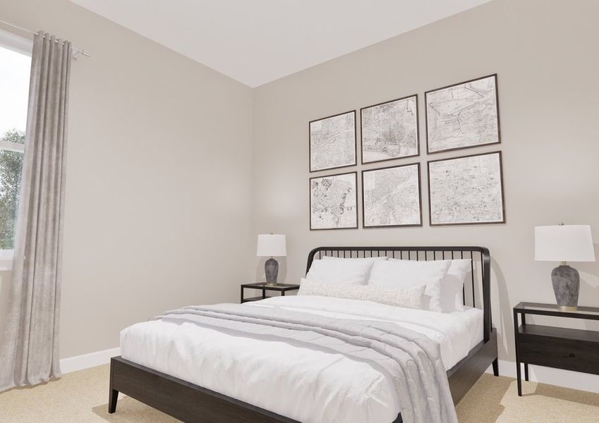 A minimalist bedroom features a neatly made bed with white linens and a gray blanket. Two bedside tables with lamps are on either side. Six framed artworks line the wall above the bed.