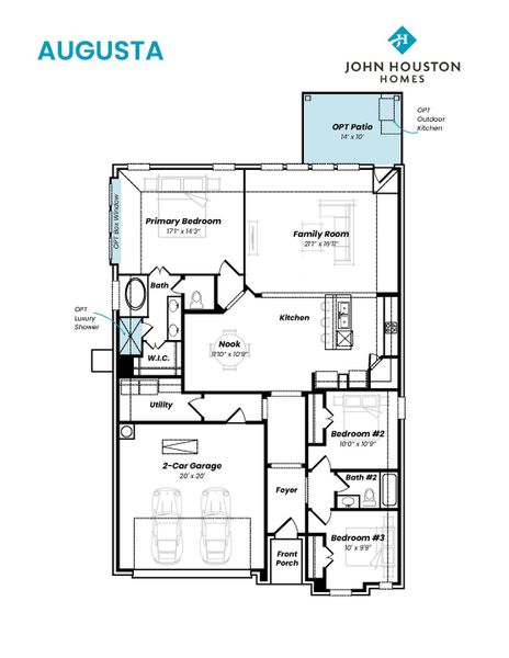2D floor plan layout for the Augusta by John Houston Homes in Bridgewater, Midlothian, TX (Image 5).