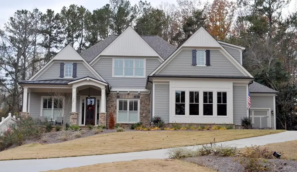 Representative exterior photo of a completed home built from the The Evans B by Bercher Homes in Malone's Pond, Ball Ground, GA (Image 2). Representative exterior photo of a completed home built from the The Evans B by Bercher Homes in Malone's Pond, Ball Ground, GA (Image 2).