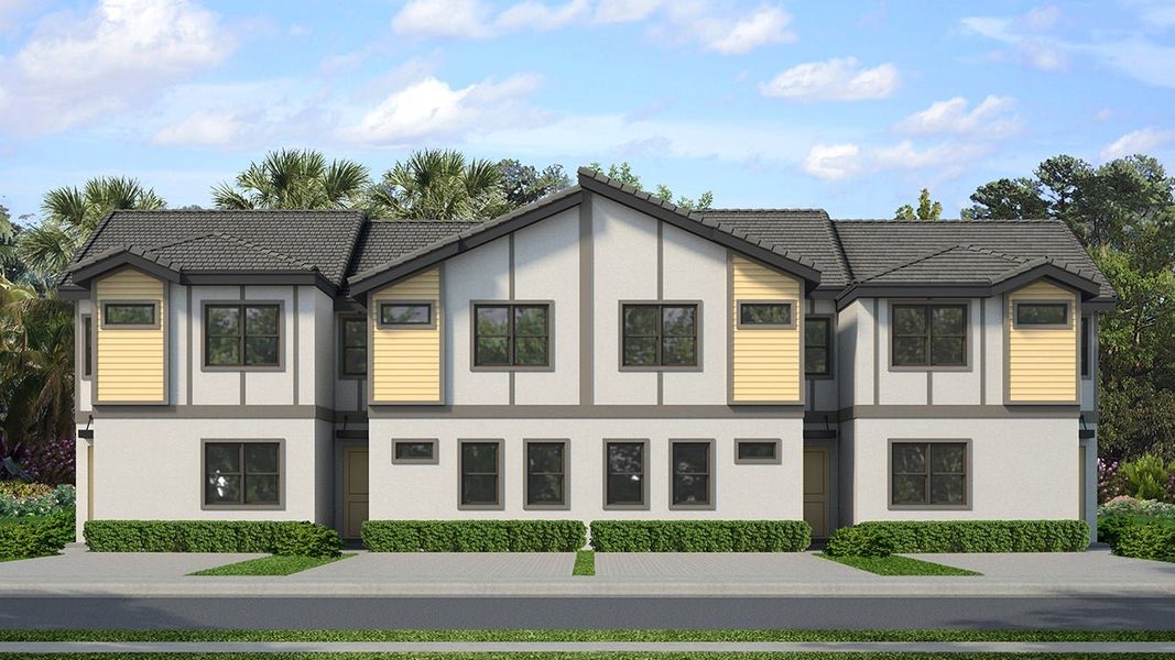 Representative exterior photo of a completed home built from the Latitude Bonus Townhome by Park Square Residential in Paradiso Grande, Orlando, FL (Image 15). Representative exterior photo of a completed home built from the Latitude Bonus Townhome by Park Square Residential in Paradiso Grande, Orlando, FL (Image 15).