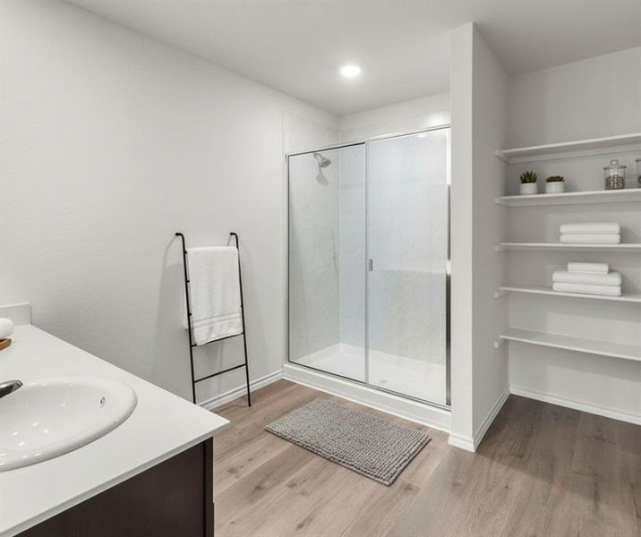 Primary Bathroom view of 2232 Lattimore St, Denton, TX 76209. Virtually Staged.