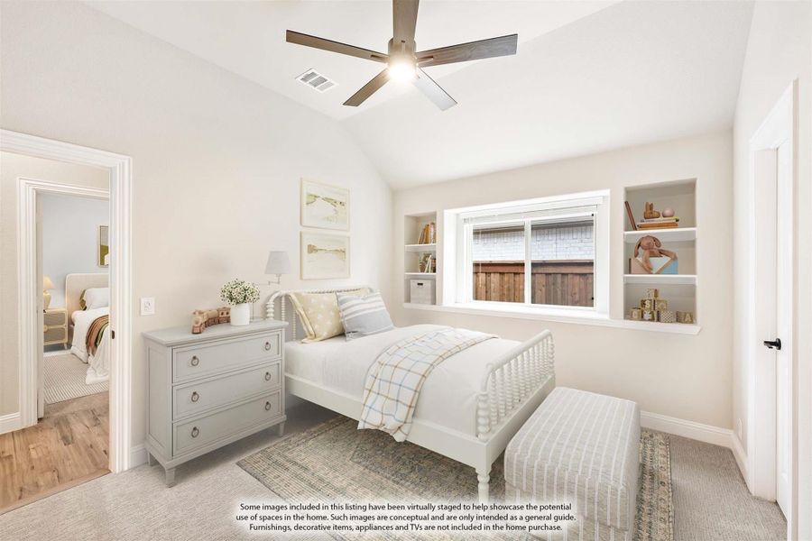 Bedroom with vaulted ceiling, built-in shelves, ceiling fan, and white bed frame with dresser Bedroom with vaulted ceiling, built-in shelves, ceiling fan, and white bed frame with dresser