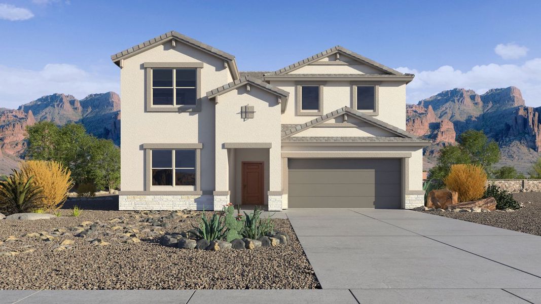 Front exterior of a new home in Radiance at Superstition Vistas, Apache Junction, AZ, highlighting curb appeal (Image 1).