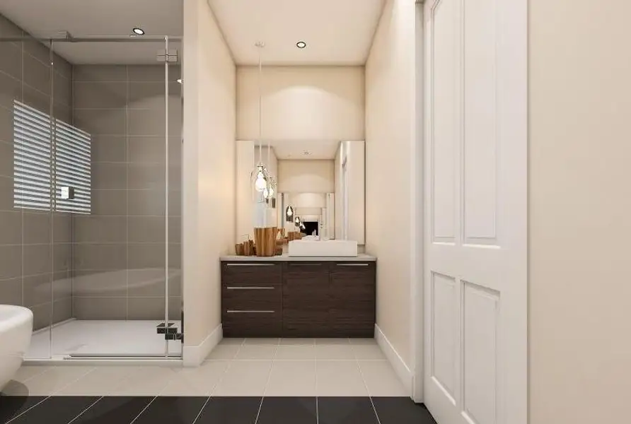 Full bathroom with recessed lighting, a shower stall, tile patterned flooring, vanity, and baseboards