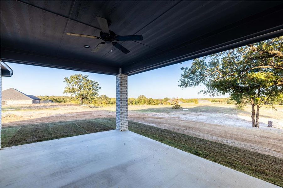 View of patio with ceiling fan