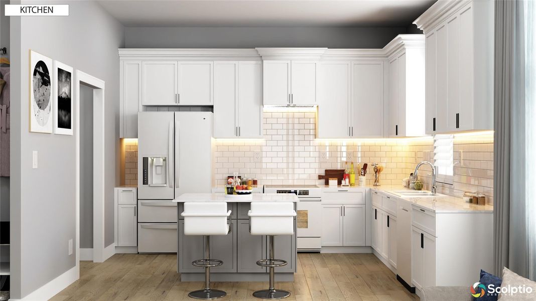 Kitchen with optional white appliances and center island