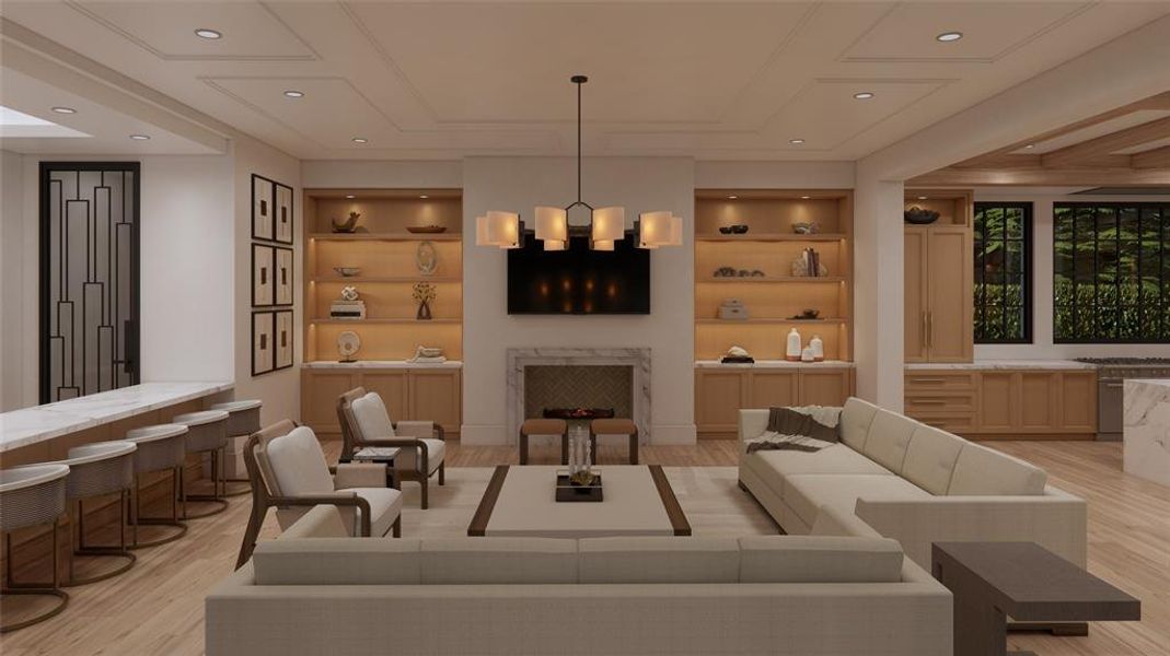 Family Room with gas fireplace and custom built-ins open to Formal Bar, Wine Room and Kitchen