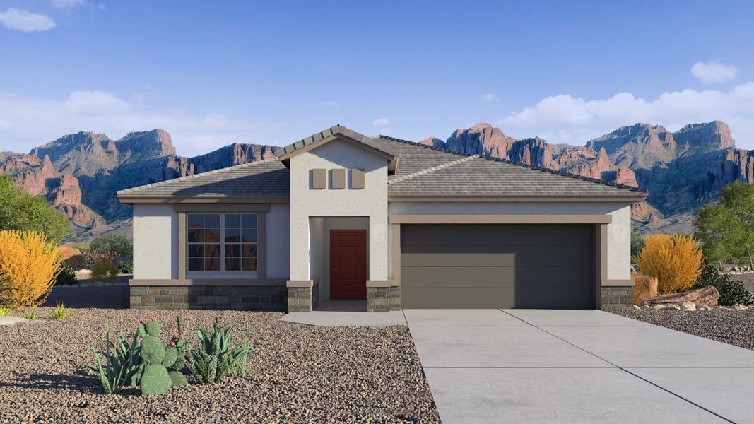 Front exterior of a new home in Sorrento, Maricopa, AZ, highlighting curb appeal (Image 1). Front exterior of a new home in Sorrento, Maricopa, AZ, highlighting curb appeal (Image 1).