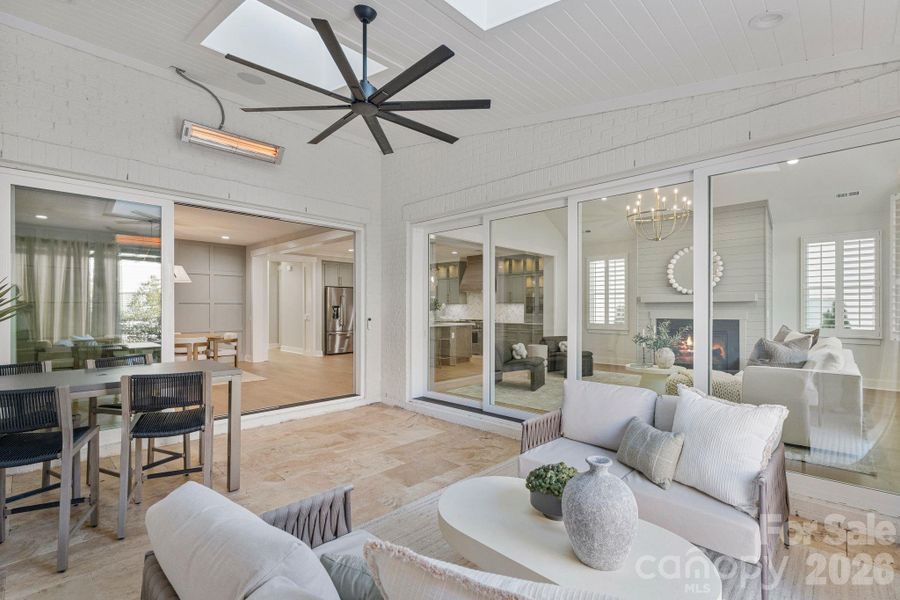 outside looking in (wired heaters, speakers, and electronic screened porch)