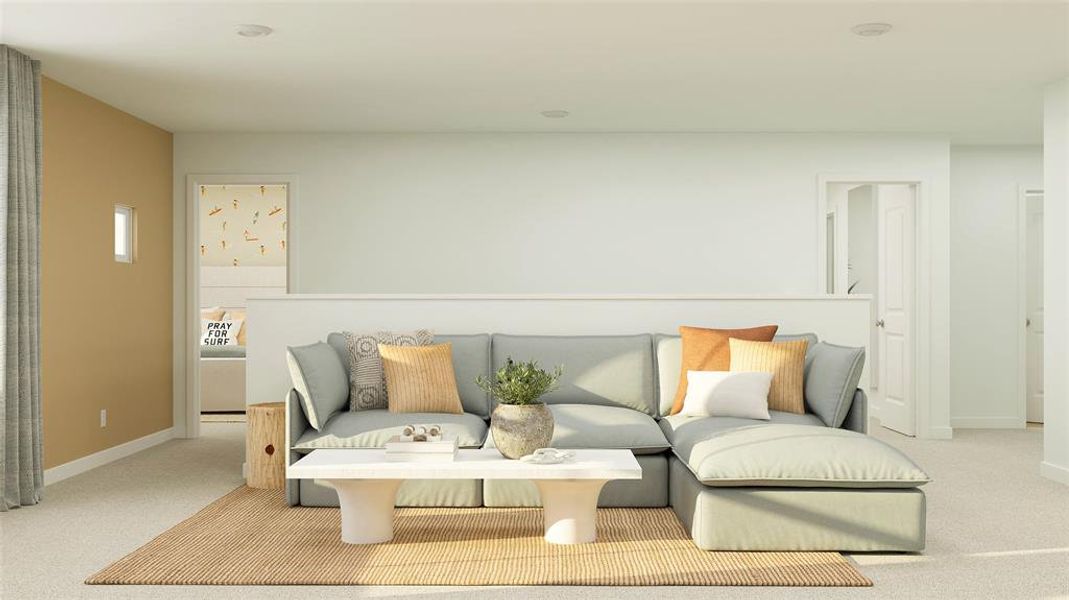 Living room featuring light colored carpet