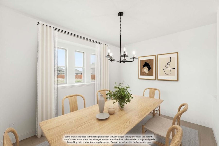 Dining room with wood table, six chairs, black chandelier, and large windows with white curtains Dining room with wood table, six chairs, black chandelier, and large windows with white curtains