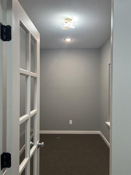 Spare room with dark colored carpet and a textured ceiling Spare room with dark colored carpet and a textured ceiling
