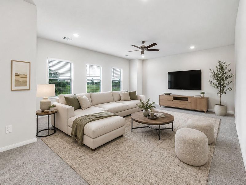 Another view of the living room, virtually staged. Another view of the living room, virtually staged.