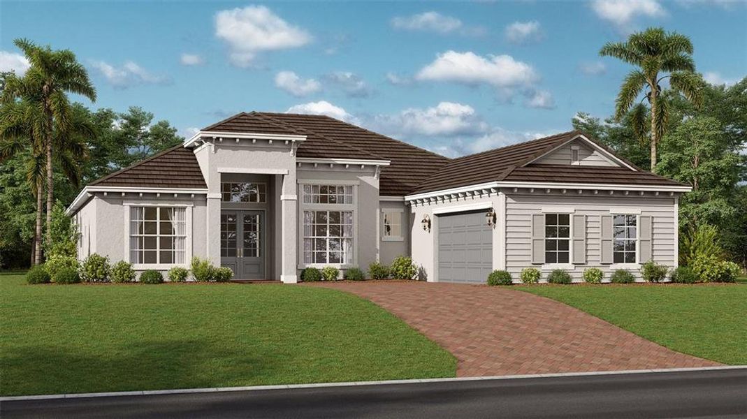 Front exterior of a new home in Wellen Park Golf & Country Club: Estate Homes, Venice, FL, highlighting curb appeal (Image 1). Front exterior of a new home in Wellen Park Golf & Country Club: Estate Homes, Venice, FL, highlighting curb appeal (Image 1).