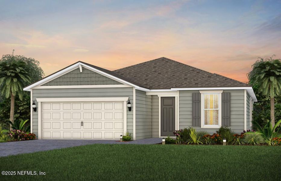 Front exterior of a new home in The Preserve at Bannon Lakes, St. Augustine, FL, highlighting curb appeal (Image 1).