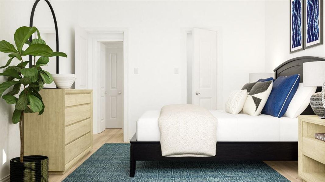 Bedroom with light hardwood / wood-style flooring