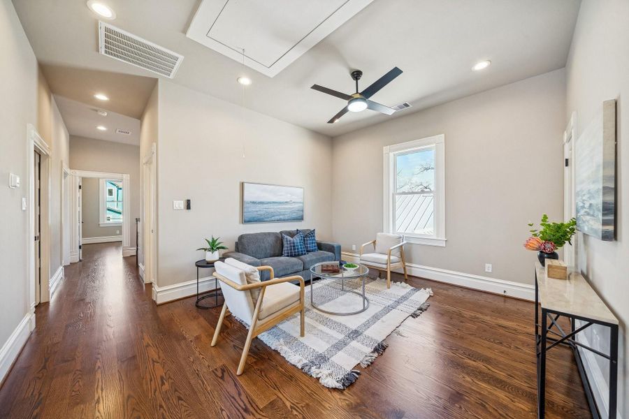 Second floor game / family room separates the primary bedroom wing, with the rest of the upstairs bedrooms. Providing privacy and making this space the perfect central area upstairs to spend time with the family! Second floor game / family room separates the primary bedroom wing, with the rest of the upstairs bedrooms. Providing privacy and making this space the perfect central area upstairs to spend time with the family!