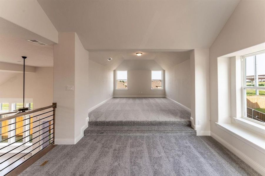 Unfurnished room featuring vaulted ceiling and carpet