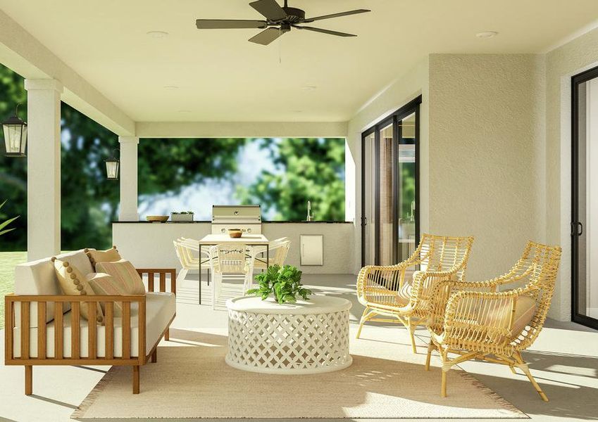 Rendering of the Stratton plan's covered
  patio featuring expansive outdoor kitchen, grill and wet bar. An outdoor
  dining set sits atop a rug under a ceiling fan.