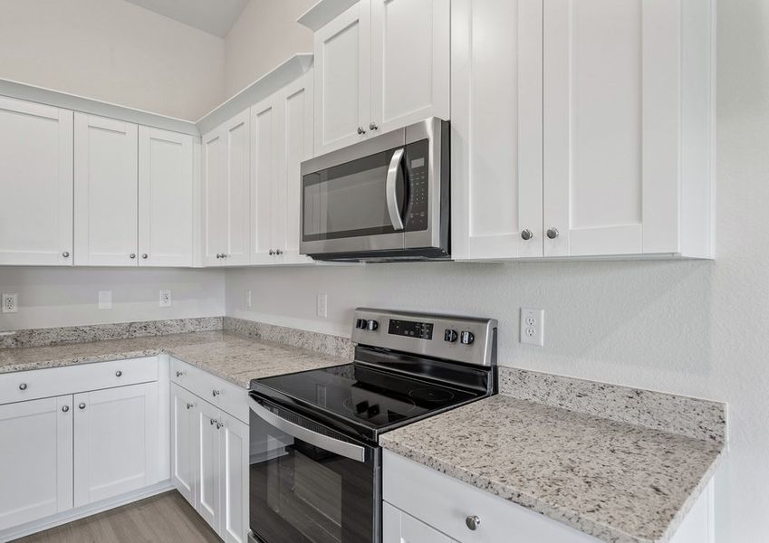 The kitchen comes with designer wood cabinetry
