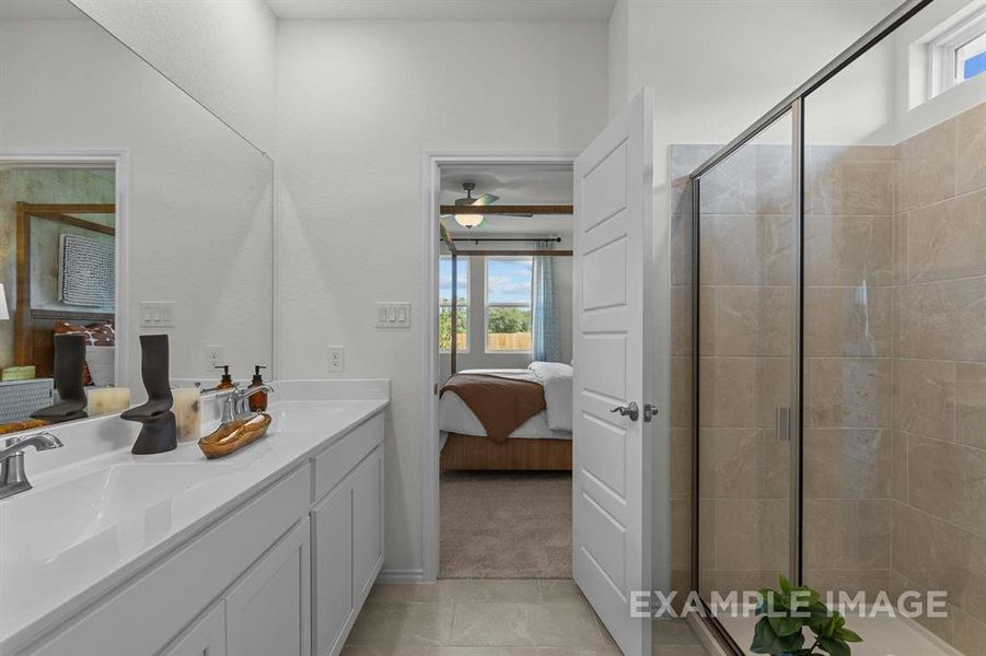 Bathroom featuring a wealth of natural light, vanity, a shower with shower door, and ceiling fan