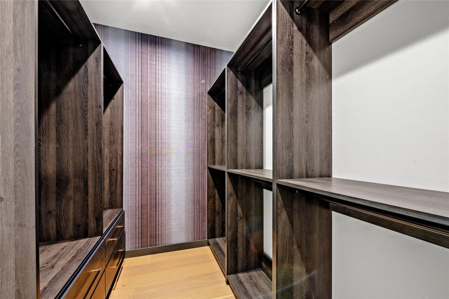 Walk in closet with light wood-style floors