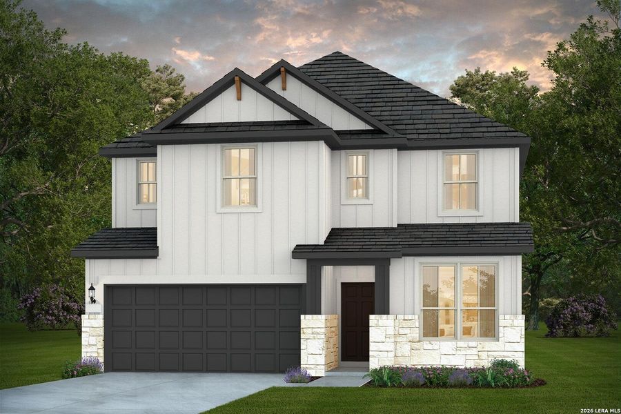 Front exterior of a new home in Horizon Ridge, San Antonio, TX, highlighting curb appeal (Image 1). Front exterior of a new home in Horizon Ridge, San Antonio, TX, highlighting curb appeal (Image 1).