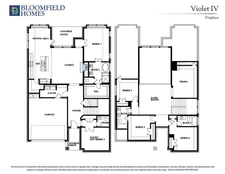 Bloomfield Homes Violet IV floor plan with fireplace, showing four bedrooms, game room, media room, and two-car garage.