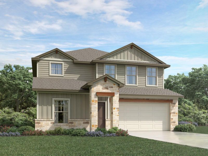 Front exterior of a new home in Lexington Parke, Del Valle, TX, highlighting curb appeal (Image 1). Front exterior of a new home in Lexington Parke, Del Valle, TX, highlighting curb appeal (Image 1).