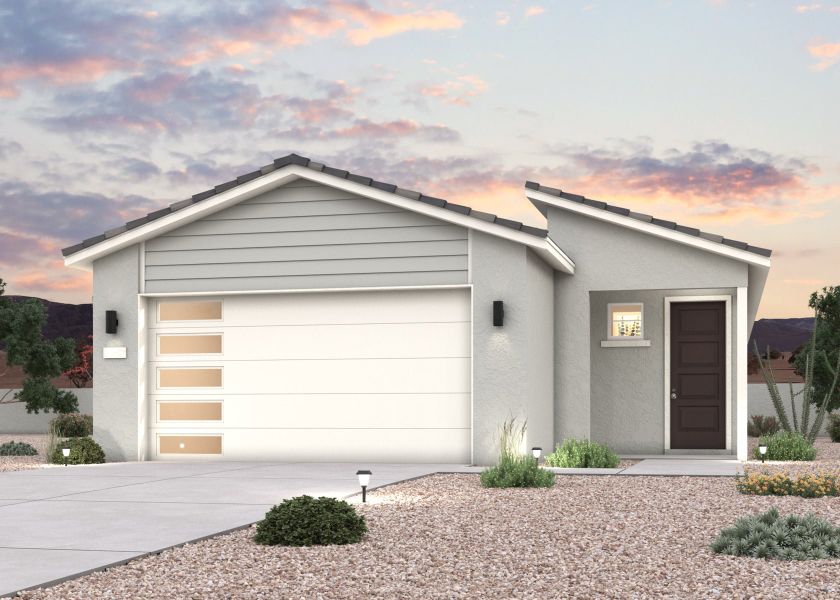 Front exterior of a new home in Teravalis, Buckeye, AZ, highlighting curb appeal (Image 1). Front exterior of a new home in Teravalis, Buckeye, AZ, highlighting curb appeal (Image 1).