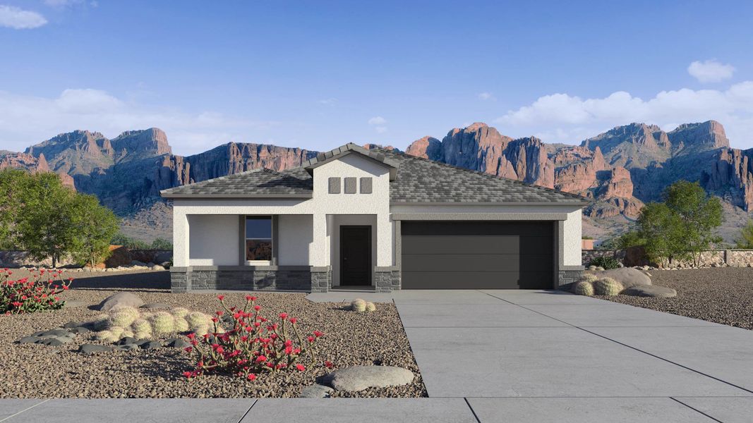 Front exterior of a new home in Entrada Del Oro, Gold Canyon, AZ, highlighting curb appeal (Image 1). Front exterior of a new home in Entrada Del Oro, Gold Canyon, AZ, highlighting curb appeal (Image 1).