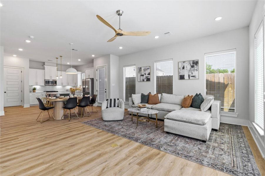 Positioned at the rear of the home, the living room offers a private, light-filled setting with easy access to outdoor space. Positioned at the rear of the home, the living room offers a private, light-filled setting with easy access to outdoor space.