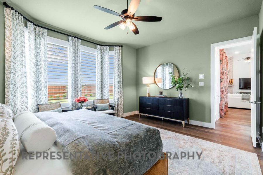 Bedroom with baseboards, ceiling fan, and wood finished floors Bedroom with baseboards, ceiling fan, and wood finished floors