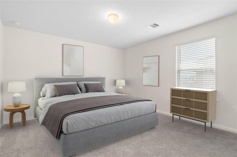 Secondary bedroom features plush carpet, neutral paint, lighting, large window with privacy blinds and ample sized closet space.