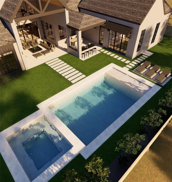 A resort-inspired escape unfolds just beyond the doors, where clean-lined water features, a sun shelf, and a separate spa create a setting designed for both relaxation and entertaining. Every element is thoughtfully arranged for effortless outdoor living.