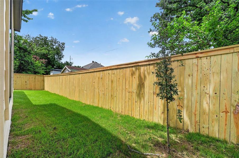 Expansive green space featuring a newly installed privacy fence, ample room for outdoor activities, and mature trees providing natural shading Expansive green space featuring a newly installed privacy fence, ample room for outdoor activities, and mature trees providing natural shading