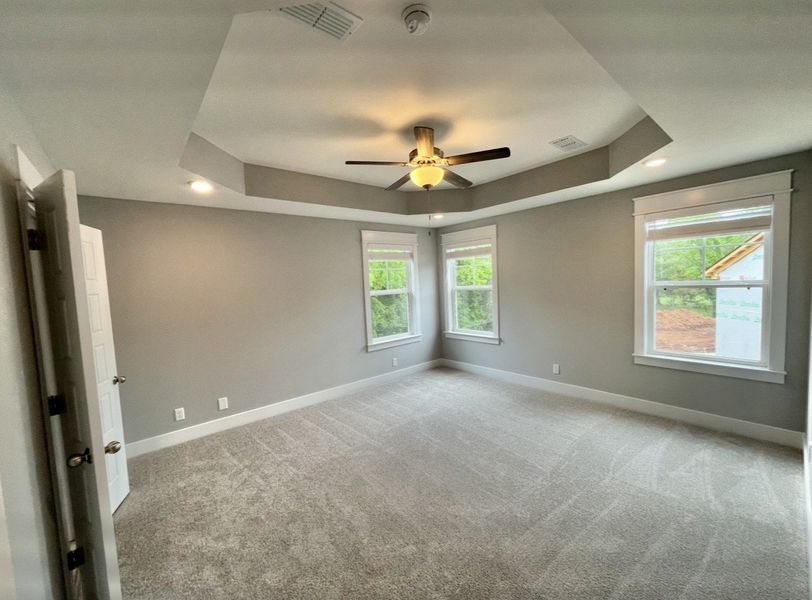 Owner's suite featuring tray celing, LED lights and ceiling fan
